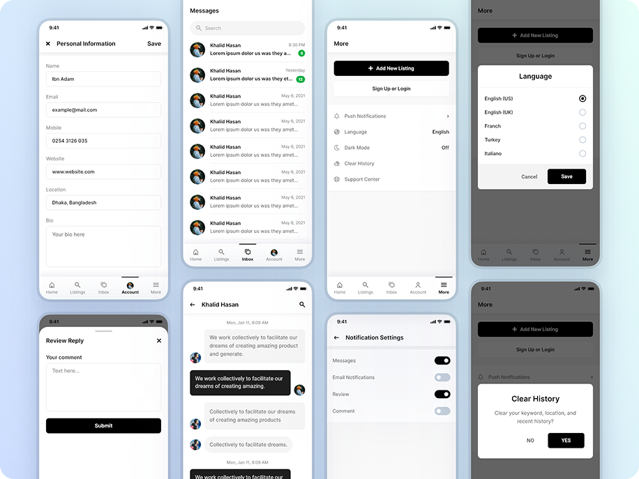 Directorist profile information, messages, settings, and language screens
